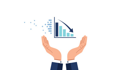 Two hands protectively cupping a bar graph that shows a downward trend with a large arrow pointing down signifying concern for falling profits.