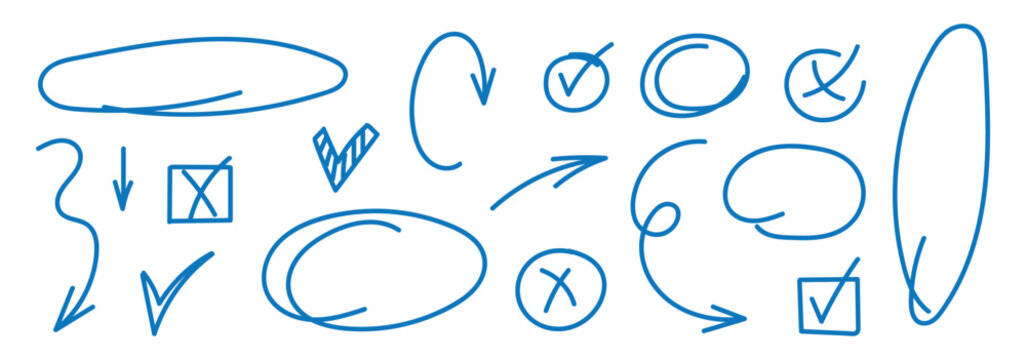Hand drawn pencil various oval, highlight, emphasis mark, check marks set. Crayon speech bubble, chalked arrows, text underline. Vector freehand grunge strikethrough and underline elements.