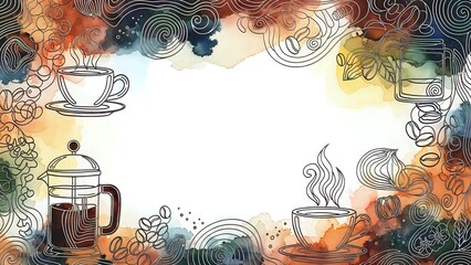 Coffee shop frame with hand-drawn brewing equipment and swirling steam patterns on watercolor background for cafe menu design and beverage branding materials.