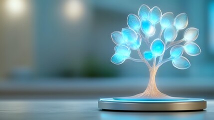 Glowing digital tree hologram on modern platform with blue luminescent leaves against blurred office background for technology and innovation concepts.