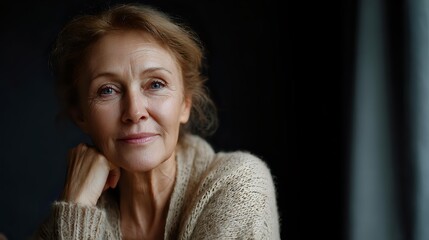 Elegant senior woman with blonde hair in cozy beige sweater posing thoughtfully with hand near face, warm lighting creating intimate portrait atmosphere.