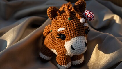 Brown crochet horse toy on a beige fabric background, close-up view