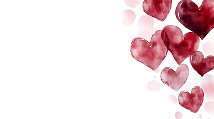 Watercolor hearts in red and pink tones floating on white background for romantic designs, Valentine's Day cards, wedding invitations and love-themed projects.
