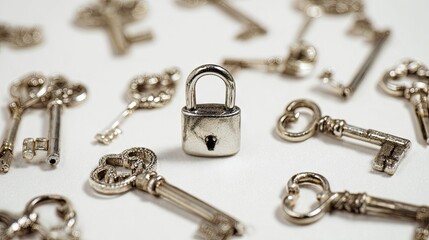 Vintage keys and padlock on white surface for security and protection