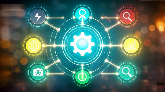 Digital Technology Hub with Gear Icon and Surrounding Multimedia Search Camera Power Lightning Icons on Dark Background