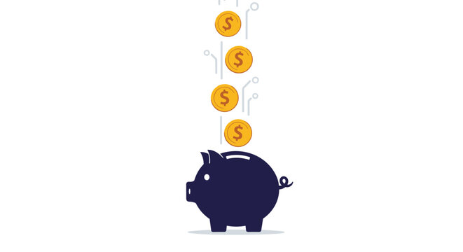 Dark blue piggy bank with a vertical line of gold coins falling into it representing digital savings or automatic electronic fund transfers.