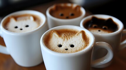 Adorable cat face latte art in white coffee cups with foam creating cute kitten expressions for cafe menu design and coffee shop marketing materials.