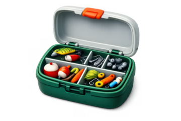 Fishing tackle box with lures and weights for angling enthusiasts