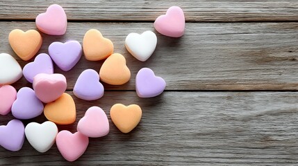 Colorful heart-shaped candies scattered on rustic wooden background for Valentine's Day celebration, romance themes, and sweet treat designs.