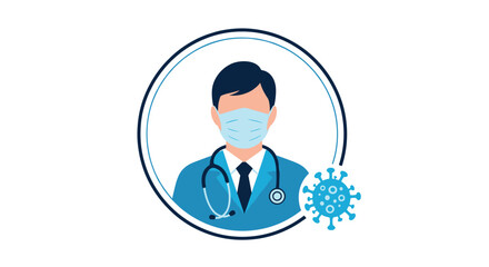 Professional male doctor wearing a blue coat stethoscope and a face mask shown inside a circular frame with a blue virus particle on the side.