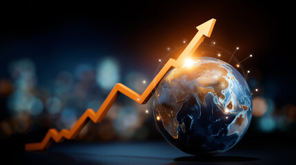 Global financial chart shows upward trend over planet Earth, orange line graph indicates economic growth and investment success, digital planet highlights business analytics and da