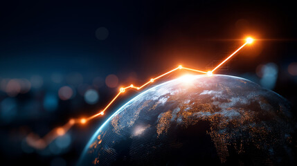 Global financial chart shows upward trend over planet Earth, orange line graph indicates economic growth and investment success, digital planet highlights business analytics and da