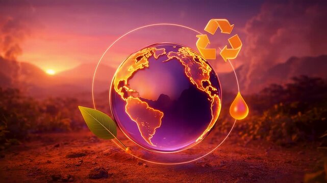 Glowing Earth Globe with Recycling Symbol Leaf and Water Drop at Sunset for Sustainability and Environmental Protection Concept