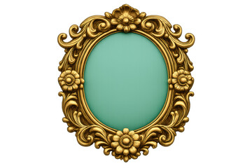 Ornate gold oval frame with floral baroque decoration and turquoise interior, vintage antique design, transparent background