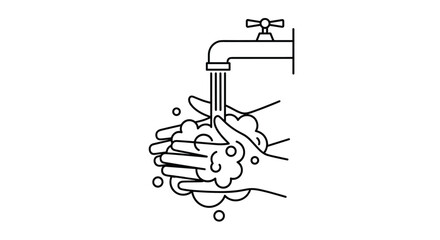 Clean line drawing of hands being washed under a water tap with soap suds to demonstrate effective hand hygiene for health and safety.