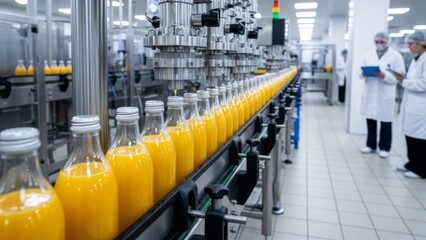 Obraz premium A long line of orange juice bottles on a conveyor belt in a clean, automated food production facility.