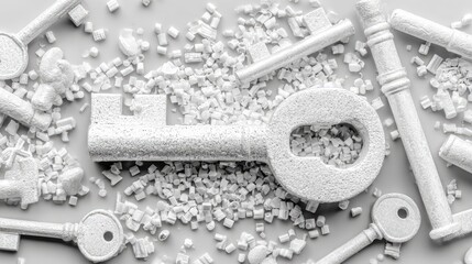 Abstract composition of white keys and fragmented shapes on a light surface