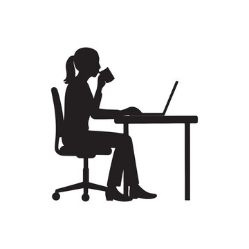Adobe ISilhouette of a woman drinking coffee while working diligently on her laptopllustrator Artwork