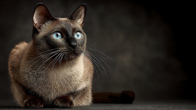 Siamese cat with striking blue eyes sitting against dark background, elegant feline portrait with rich brown and cream colored fur for pet photography projects.