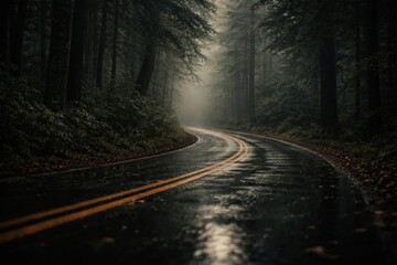 Fototapeta premium Empty winding road through misty forest after rain, wet asphalt with double yellow lines disappearing into fog, moody atmosphere.