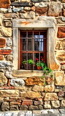Window in Stone Wall with Flowers and Iron Bars.