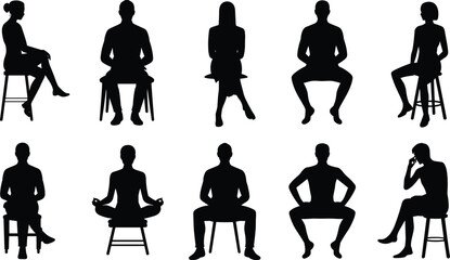 Silhouettes of seated individuals in varied postures on stools, ideal for body language, ergonomics, and lifestyle design projects. © Sharon Creatives