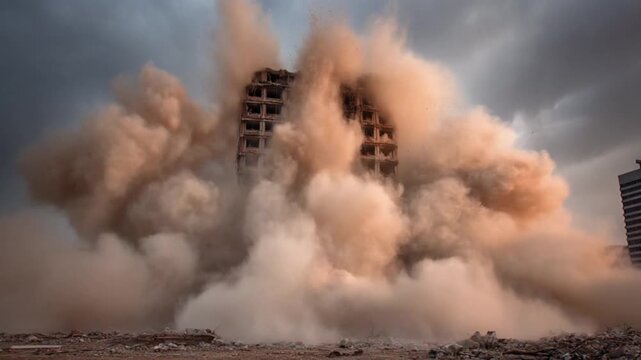 Tower explodes into collapse as orange dust clouds erupt, rubble spreading across barren ground now