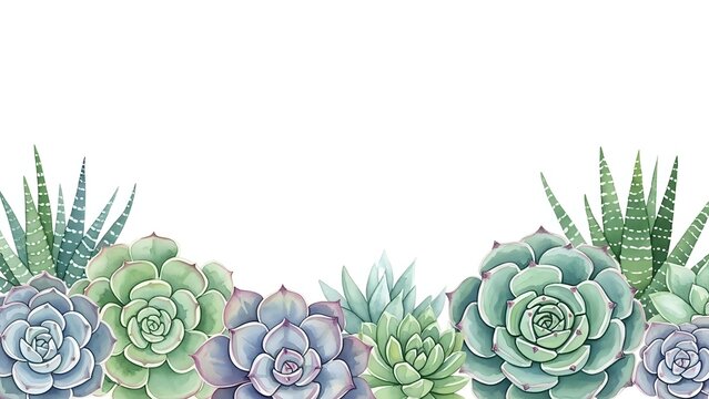 Watercolor succulent plants border frame with echeveria, haworthia and jade varieties on white background for botanical design projects.