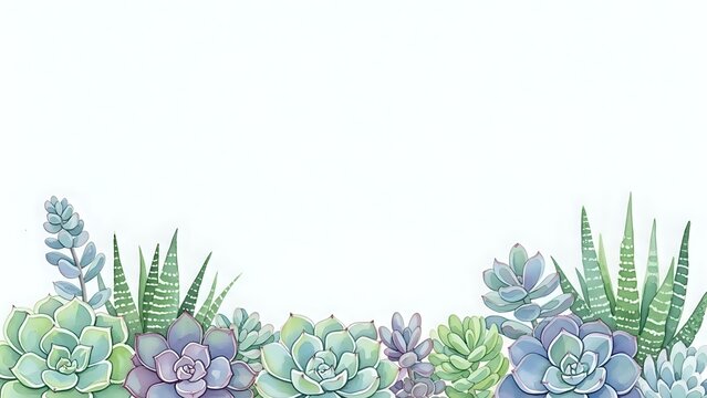 Watercolor succulent border with green and purple plants on white background for botanical design projects and natural decoration.