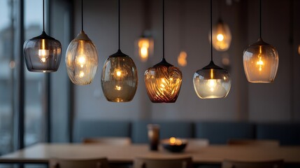 Assorted glass pendant lights hanging in a stylish restaurant interior, casting warm, soft glows that enhance the contemporary decor and cozy dining atmosphere
