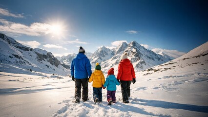 Family with two children walking in snowy alpine valley on sunny winter day, enjoying outdoor adventure and mountain hiking.