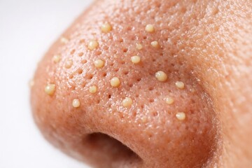 Fototapeta premium Extreme close-up of nose with clogged pores and whiteheads, acne and skincare hygiene concept.