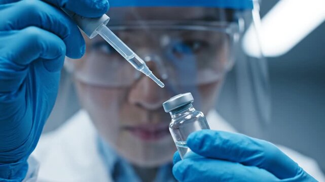 Close Up Medical Researcher in Protective Gear Adding Liquid to Vial in Blue Toned Lab Environment Pharmaceutical