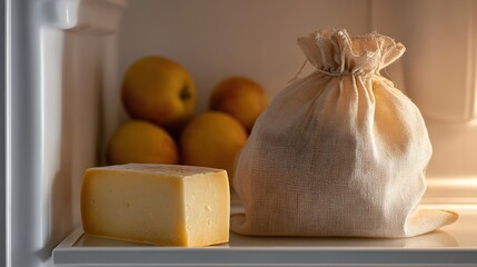 Refrigerator shelf storing fresh artisanal cheese block and produce in an eco-friendly burlap bag, emphasizing sustainable food storage and healthy eating habits