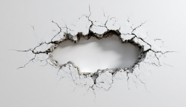 A white wall with a large hole surrounded by cracks and thorny texture, revealing rough damaged interior surface