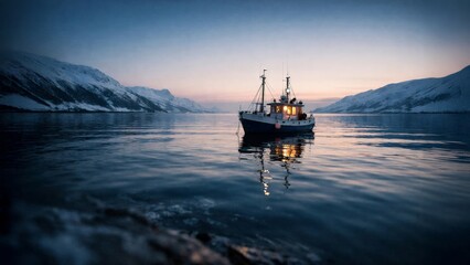 Small fishing boat on calm arctic fjord at twilight with snowy mountains, serene winter seascape and reflection.