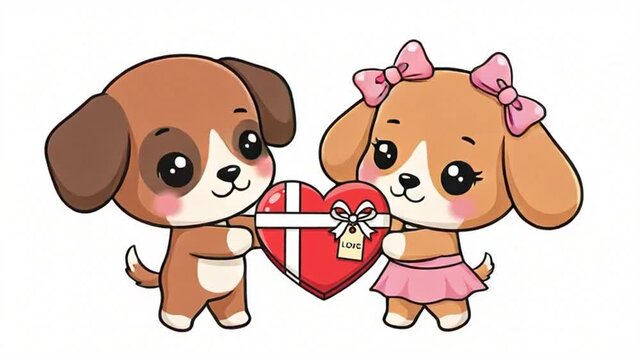 Cute cartoon dogs holding heart gift