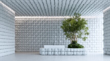 Modern interior design with tree in a white cubic textured space