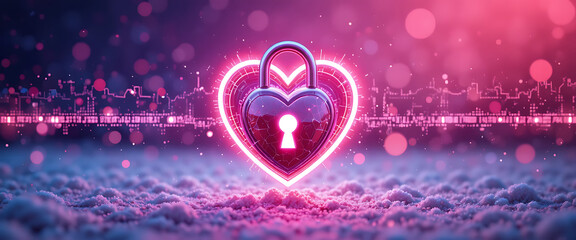 Abstract illustrated vector binary cyber security background, metallic neon heart-shaped lock, glowing crimson and blush pink gradient, winter digital theme, 3D pop-up effect, shimmering bokeh lights