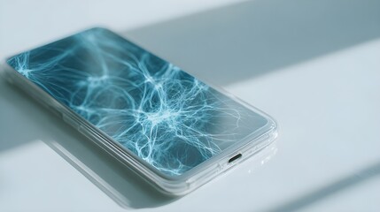 Smartphone displaying intricate neural network on screen, visualizing artificial intelligence processing, technology evolution, and digital cognition connectivity