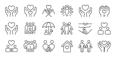 Set of kindness and support icons including hands holding hearts and embracing people