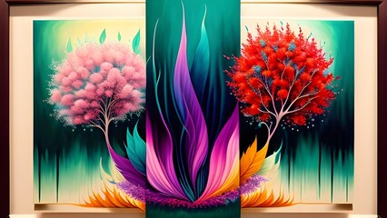 Two vibrant trees with swirling pink and red on a gradient background.