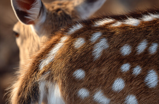 A young deer's brown fur with white spots, showcasing detailed texture and natural pattern