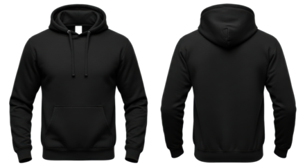 Black unisex hoodie, front & back, soft fabric, transparent background, copy space, no shadows, studio light. Concept for e-commerce product display