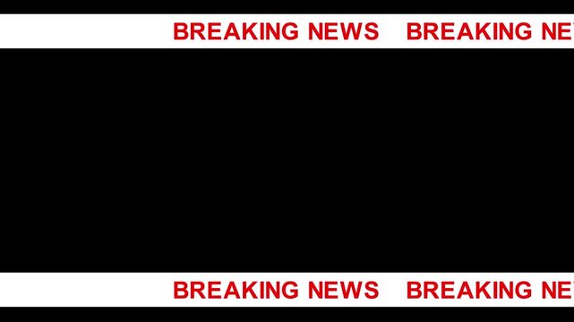 Breaking news lower third banner animation with scrolling text on white background. Fast scrolling breaking news alert banner for television broadcast.