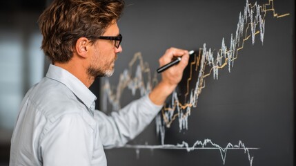 Medium shot of a financial expert explaining the dynamics of commodity futures trading with graphs illustrating market trends