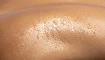 Fototapeta premium Close-up macro of hydrated human skin with water droplets. Abstract skincare background representing moisture, freshness, summer care, cosmetic hydration, wellness and healthy glowing skin.