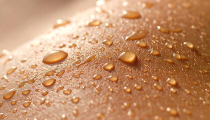 Macro shot of glowing human skin covered with water droplets in warm golden light. Ideal beauty and skincare background for hydration, cosmetic products, spa, wellness and summer concepts. © Bediha Duru Öksüz