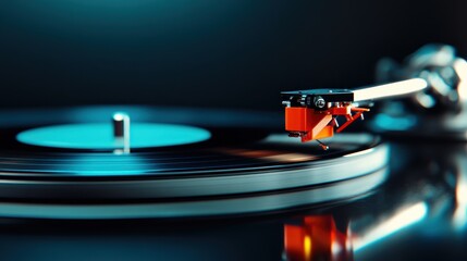 A close-up shot of a vintage turntable with the stylus on a spinning vinyl record, evoking nostalgia and passion for music while showcasing intricate details and textures.