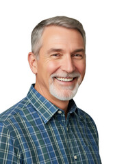 Obraz premium A happy caucasian man, 45-55, with salt-and-pepper hair and white goatee, smiles widely in a plaid shirt against a light grey studio background. Authentic happiness concept